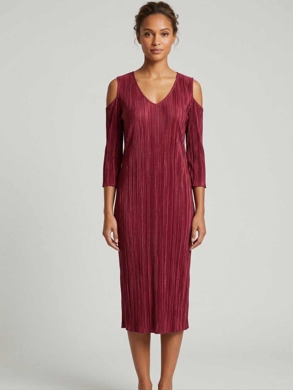 PINC Burgundy Pleated Cold-Shoulder Midi Dress - NWT